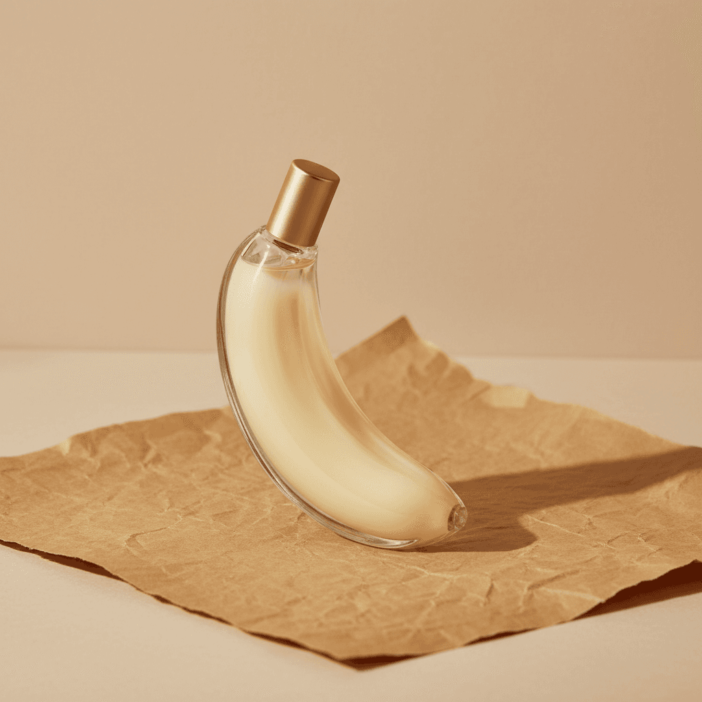 Minimal product shot of a banana perfume bottle on warm paper